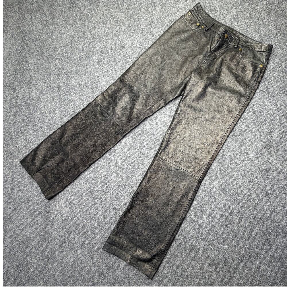 Made Italy Mens 46 Black Lambskin Leather Pants Embossed Floral Straight Leg